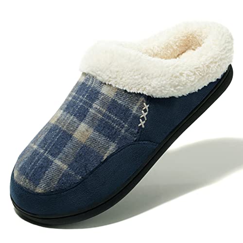 NewDenBer Men's Cozy Memory Foam Slippers Plaid Soft Plush Fleece Lined Slip on Indoor Outdoor Clog House Shoes (13-14 D(M) US, Navy Blue)