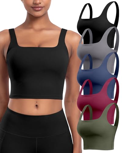 Womens Sports Bras 5 Packs - Square Neck Longline Workout Crop Tank Tops Padded Yoga Camisole with Built in Pads (BlackDGrayNavyWineJGreen, M)