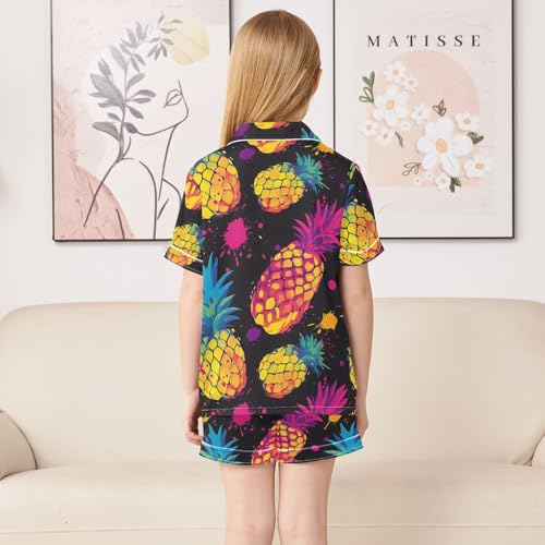 ALAZA Colorful Dot Pineapple Fruit Satin Pajamas Set Short Sleeve Button Down Sleepwear Summer Pjs 2 Piece4