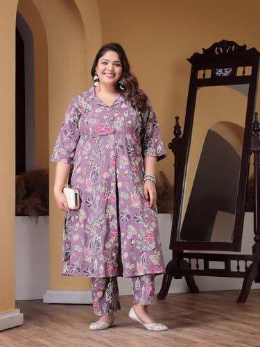 Image of Stylum Women's Plus Size Floral Printed Rayon Kurta Pant Set Mauve