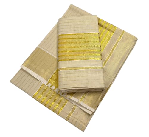 Image of Womens Kuthampully Set Mundu With Golden & Stripes Kara