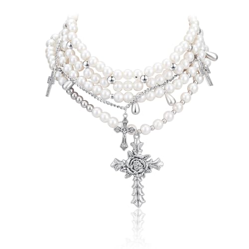 Layered Pearl Necklace Statement Y2k Pearl Cross Necklace Stacked Rhinestone Pearl Necklace for Women