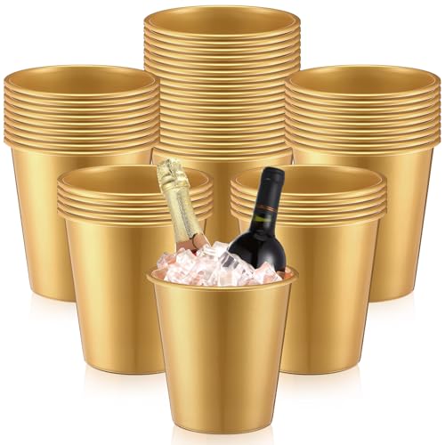 Layhit 48 Pcs Plastic Ice Buckets for Parties 3 Liters Wine Bucket Portable Ice Holder Disposable Wine Cooler for Party Wedding Party Beverages Champagne Soda and Beer(Gold)