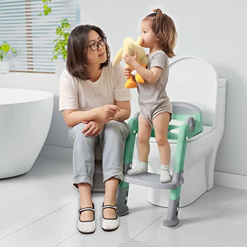 Potty Training Seat with Step Stool Ladder, Toddlers Potty Training Toilet for Kids Boys Girls (Gray/Green)