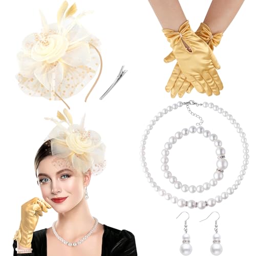 Design Raffinato: Il nostro cappello fascinator pillbox è realizzato in rete, perline e piume finte con design a pois, leggero, portatile e delicato. I guanti corti altamente elastici sono adeguatamente elasticizzati. La collana e il bracciale di perle finte sono lucidi ed eleganti, mentre gli orecchini di perle finte sono piccoli e vintage per abbellire la vostra bellezza.