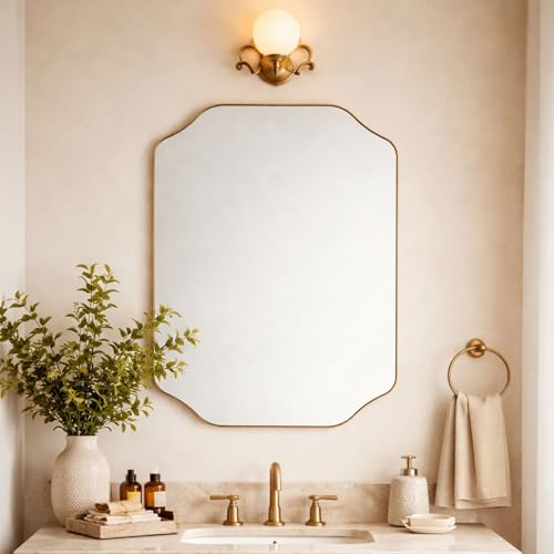 Image of TEHOME Scalloped Gold Bathroom Mirror Decorative Brushed Brass Metal Framed Irregular Bathroom Vanity Mirror 24x32''