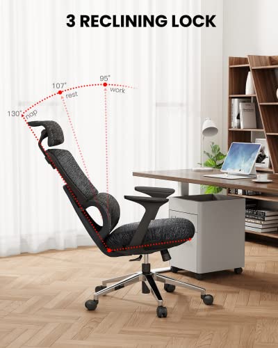 Dripex Ergonomic Office Chair-Mesh High Back Desk Chair Computer Chairs With Lumbar Support/Arms/Adjustable Headrest/Cushioned Seat/Wheels, Swivel Rolling Reclining Office Chair For Home Office, Black #TOP2