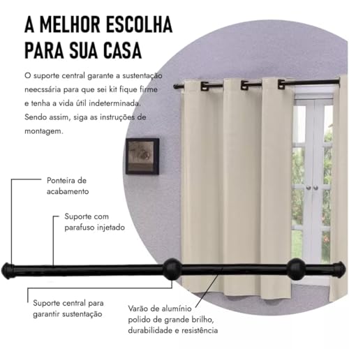 Kit Varão Varal Simples 2 Metros 19mm Para Cortina Com Conjunto de Instalação Branco Palha Tabaco Pr