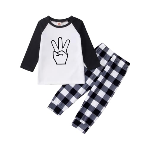 CM C&M WODRO Toddler Baby Boy Birthday Outfit 2nd 3rd 4th 5th Birthday T-Shirt Long Sleeve Plaid Pants Fall Winter Clothes (Black Plaid, 3T)