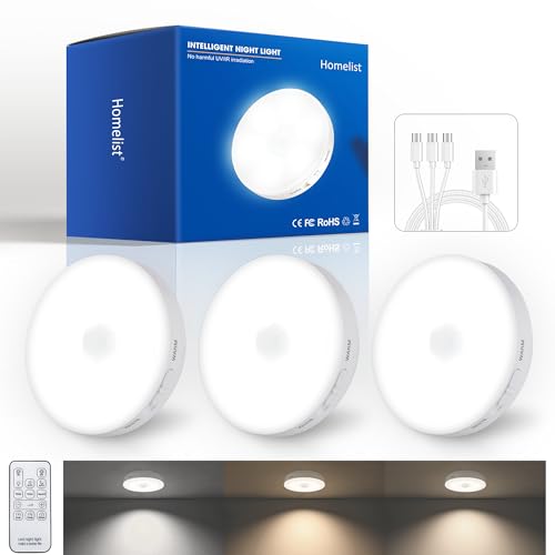Image of Homelist 3 Pack 1500mAh Upgraded Ultra Bright Motion Sensor Lights Indoor, Rechargeable Puck Light with Remote, Battery Operated Sensor Night Light for Stairs, Cabinet, Bedside, Closet