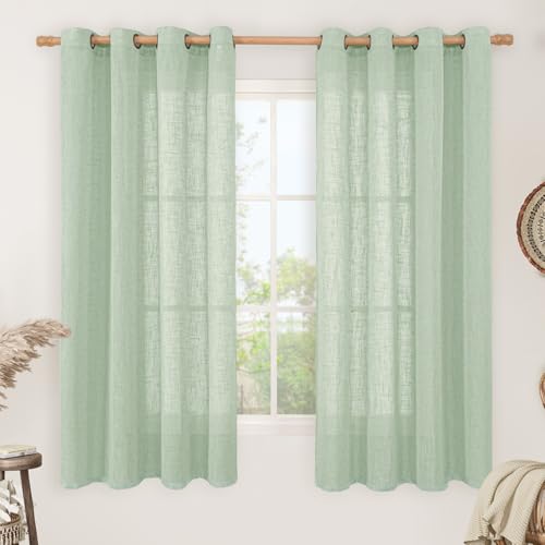Image of LAMIT Sheer Linen Curtains 63 Inch for Bedroom, Light Filtering Neutral Semi Sheer Farmhouse Boho Curtains Bronze Grommet Living Room Panels, Fresh Green, 2 Panels, 52 x 63 Inch