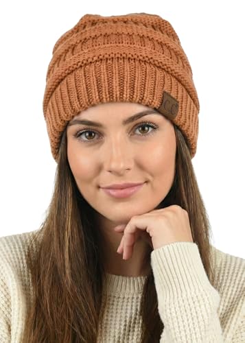 Image of C.C Unisex Chunky Soft Stretch Cable Knit Warm Fuzzy Lined Skully Beanie