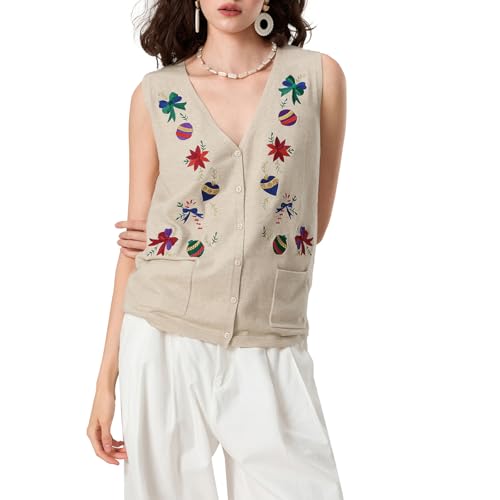 Image of Women Christmas Sweater Vests Santa Claus Print Sleeveless Knit Cardigan Vest Christmas Holiday Tank Top