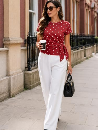 Image of HOTIAN Womens Cap Sleeve T Shirts 2026 Tie Waist Wrap Tops Crew Neck Blouses Dressy Casual Loose Work Business Dressy