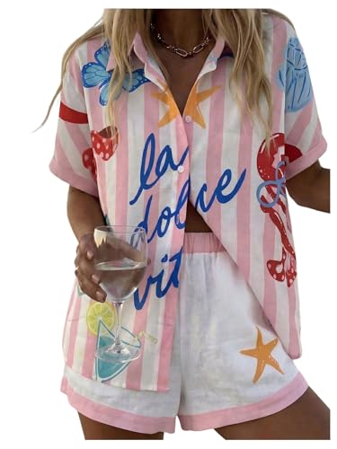 Verdusa Womens 2 Piece Vacation Outfits Button Up Striped Shirt with Mini Shorts Matching Sets Pink Medium