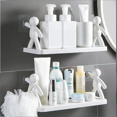 Image of Multipurpose Organizer Shelf | Remote Set Top Box WiFi Router Stand | Wall Shelves Adhesive for Bathroom Kitchen Home Office 2 Sticker - Plastic 1 Shelf