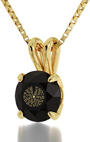 Nano Jewelry Gold Plated Kabbalah Necklace with Hebrew 72 Names Inscribed in 24k Gold on Black Crystal Pendant, 18"