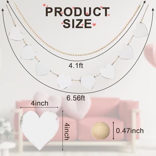 Threehoney 2 Pcs Valentines Hearts Beads Garland White Hearts and Wooden Beads Garland Decor Rustic Valentines Decoration Hanging Banner for Mantle Fireplace Home Wall Farmhouse by Threehoney - Image 2