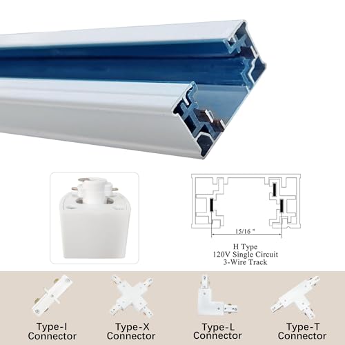 White Aluminum Alloy Shell H Type Track Lighting Rails, 4PCS H Track Lighting Rails Kit 120V Single Circuit 3-Wire 6.5 FT (3.28FT*2) with Extra I Connector Wall Anchors for H Track Lighting Heads - Thumbnail 4