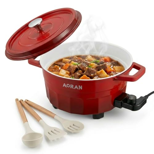 Image of AORAN 6QT Multi-Function Electric Hot Pot Cooker, 1400W Family Hot Pot for Frying, Boiling, Slow Cooking & Stewing, Nonstick Cooking Pot with Temperature Control, Ladle, Skimmer & Spatula