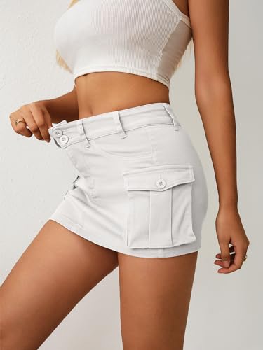 Elleven Mini Cargo Skirts For Women High Stretchy, Low Waist Y2K Skirt Button Cute Denim Bodycon Jean Skirt With Pocket White Small thumb #2