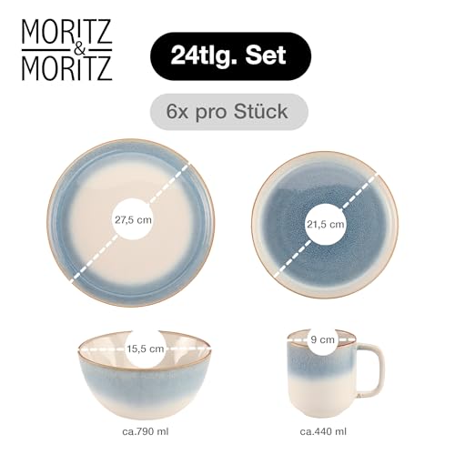 Moritz & Moritz TARENTO 24-tlg. Geschirrset 6 Personen Blau - Elegantes Teller Set aus hochwertigem Steinzeug - Geschirr Set aus 6x Dinnerteller, 6x Dessertteller, 6x Suppenteller und 6x Tassen
