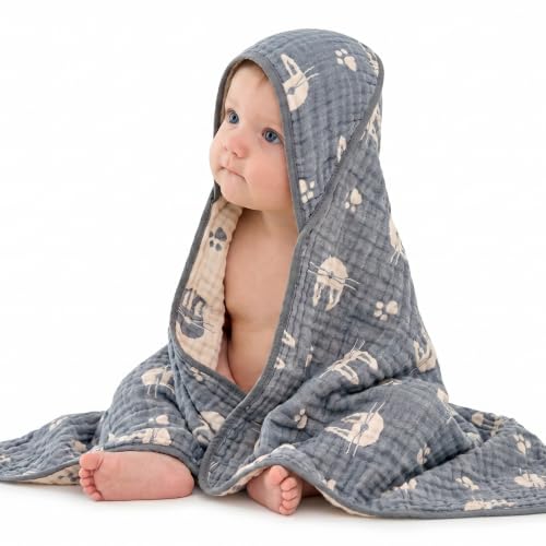 Image of Ultra-Soft Muslin Baby Towel - 32 x 32 Inches, Ideal for Bath & Beach, Suitable for Both Boys & Girls from Newborns to Toddlers (Navy Blue Bunny)