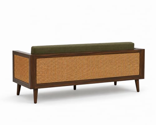 Image of Sainistree Furniture | Solid Sheesham Wood Rattan Armchair | Teak Brown Finish, Cane Back & Geen Upholstery | Mid-Century Modern Accent Chair for Living /Dining Room (2 Seater Sofa, Green Upholystry)