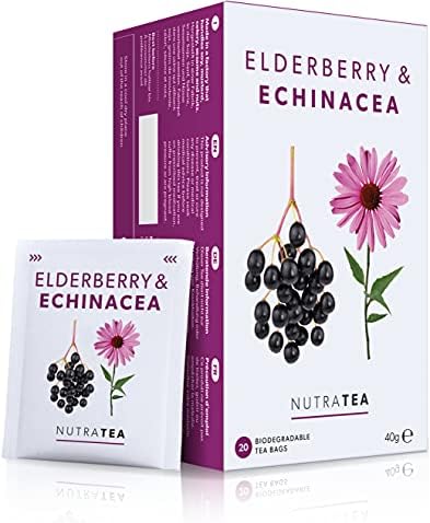 Nutra Tea - Elderberry & Echinacea Tea | Elderberry Tea - Immunity Teas | Immune Teabags - 20 Individually Wrapped Bags - Herbal Teas - (1 Pack)