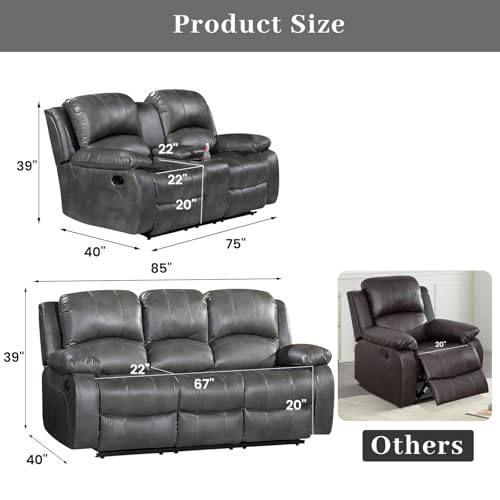 Betsy Furniture 2PC Faux Leather Reclining Couch Set, Living Room Furniture Set, Sofa, Loveseat, 8018 Multiple Colors (Gray, Sofa+Loveseat)