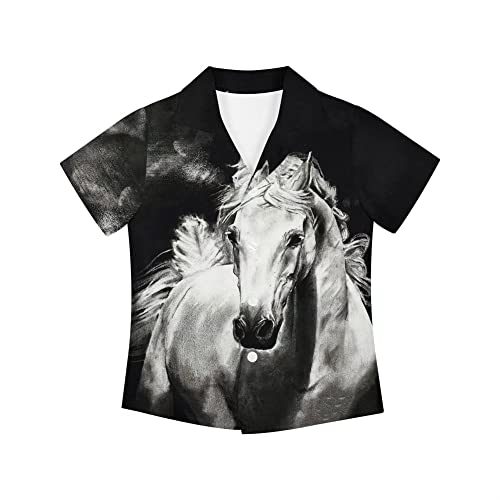 KUIFORTI Chemise hawaïenne imprimée 3D Aloha boutonnée pour garçons et bébés de 3 à 16 ans, Cheval blanc., 13-14 ans Cover