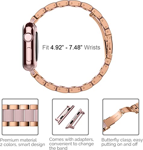 Wearlizer Compatible with Apple Watch Band 38/40/41/42mm Fashion Wristbands Women, Stainless Steel + Resin Metal Replacement for iWatch Series 11 10 9 8 7 6 5 4 3 SE/Ultra 3 2 1-Dark Rose Gold+Pink