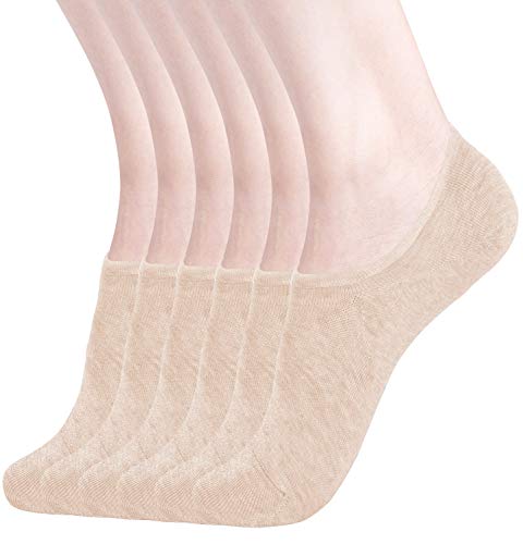 Womens No Show Socks Non Slip Flat Boat Line Low Cut Socks ( 6 Packs ) Beige