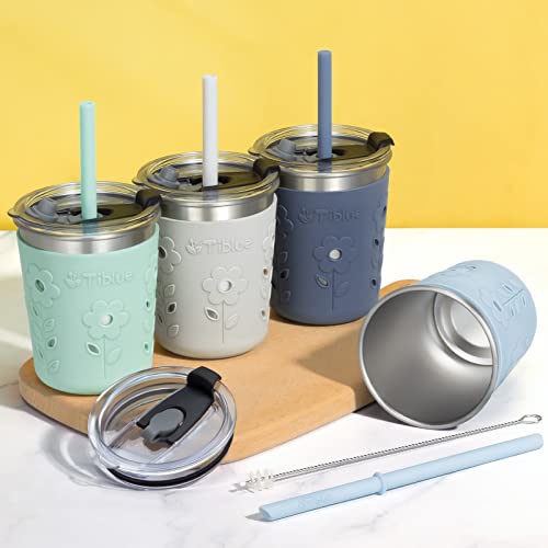 Tiblue Kids & Toddler Cups, 4 Pack 8oz Spill Proof Stainless Steel Tumblers with Leak Proof Lids, Silicone Straw with Stopper & Sleeve, BPA FREE Snack Smoothie Drinking Cup for Baby Girls Boys
