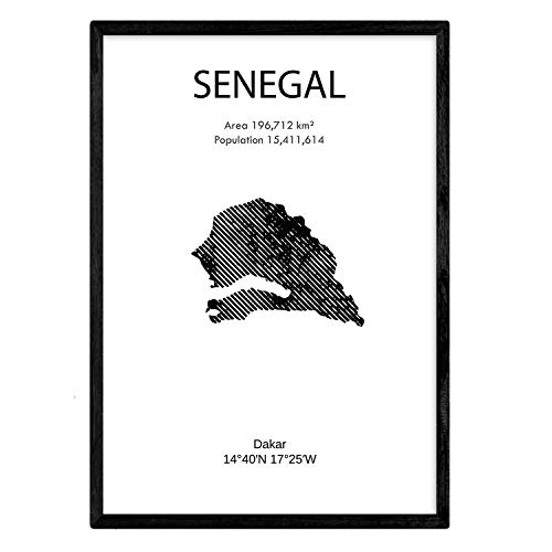 Nacnic Feuille carte Sénégal. Photos, impressions et affiches pour le salon, la chambre à coucher... Style nordique en noir et blanc. Poster de pays et continents. Format A4 sans cadre.