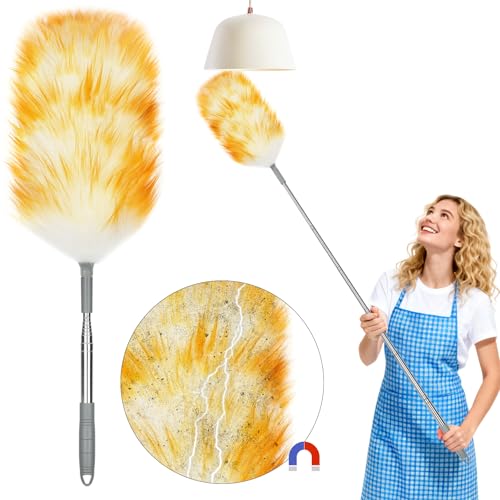 Vicloon Plumero Atrapapolvo de Lana, Atrapapolvo Microfibra 54-130cm Extensible Ajustable Lavable Plumero de Mano Natural Esponjoso Reutilizable para Persianas Muebles Coches Mango de Acero inoxidable