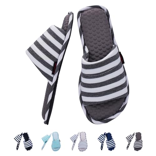 Image of Women's House Slippers Open Toe, Soft Knit Striped Bedroom Slippers with Cushioned Footbed, Non-Slip Sole for Indoor Home Use