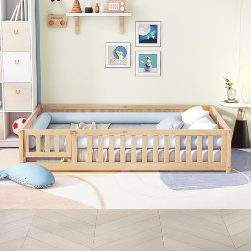 image for ROCKINGRUN Queen Size Montessori Floor Bed Frame with Safety Fence & C