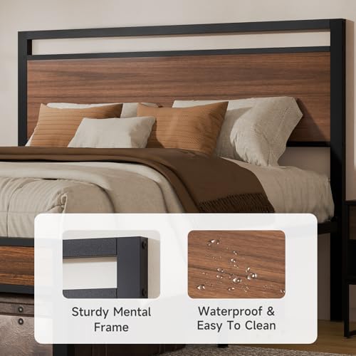 Image of Z-hom Queen Metal Bed Frame&Wooden Headboard&Footboard,No Box Spring,Walnut | Heavy Duty &Metal Slats,No Box Spring Needed,Quiet&Non-Slip Design,Space Saving Bed Frame for Bedroom