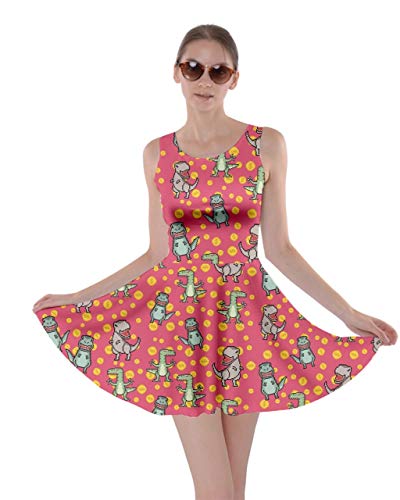 CowCow Womens Pixeled Dinosaur Pattern Gamer Cosplay Coral Skater Dress - M