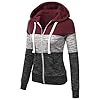 Newbestyle Hoodies for Women Color Block Hooded Sweatshirt Basic Zip-Up Jersey Jacket Long Sleeve Top with Pockets Plus Size Wine Red 3XL #2