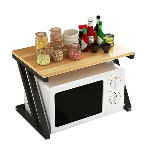 Image of REMANENCE 2-Layer Microwave Stand, Kitchen Platform Oven Stand Rack, Toaster Organizer with Storage Shelf Metal and Wood | Stand for Microwave (Walnut Brown with Black Frame)
