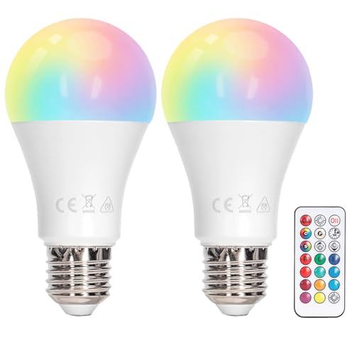 Aigostar Bombillas Colores RGBW, 12W con Mando a Distancia. Bombillas LED E27 4 modos, 5 niveles de brillo, 15 colores ajustables para Hogar, Decoración, Bar, Fiesta. 2Uds