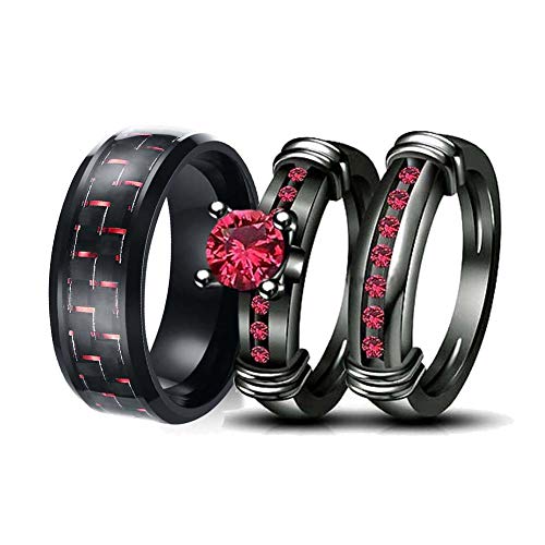 wedding ring set Two Rings His Hers Couples Matching Rings Women's 2pc Black Gold Filled Red CZ Wedding Engagement Ring Bridal Sets Men's Stainless Steel Wedding Band