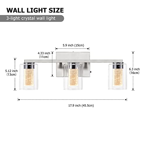 Sadenicel Brushed Nickel Vanity Lights, 3-Light Bathroom Light Fixtures, Crystal Led Bathroom Lights Dimmable White/Neutral/Warm Light With Clear Glass Shade For Bathroom Bedroom Hallway Lighting #TOP1