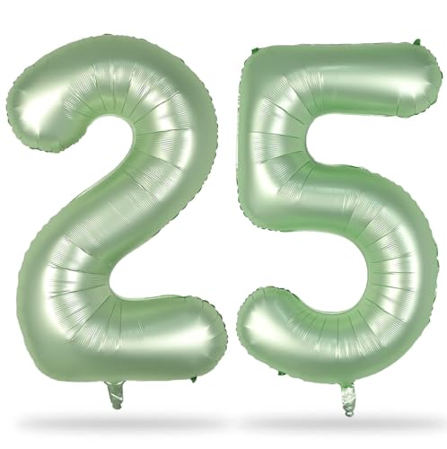 25th Birthday Balloons Sage Green for Girls 40 Inch Giant Olive Green Foil 25 Number Balloons Number 2 & 5 Helium Balloons Set for Women Men 25 Year Anniversary Jungle Wedding Party Decorations