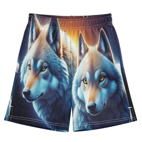 Couple Wolf Pull-On Boys Summer Shorts Elastic Waist Kids Boys Thick Summer Clothes with Pockets XS