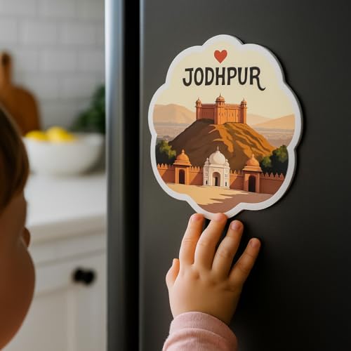Image of Naxon Jodhpur Wooden Fridge Magnet | Mehrangarh Fort & Blue City Decorative Souvenir | Rajasthan Travel Gift & Kitchen Decor (3x3 Inch, Multicolor) | Pack of 1