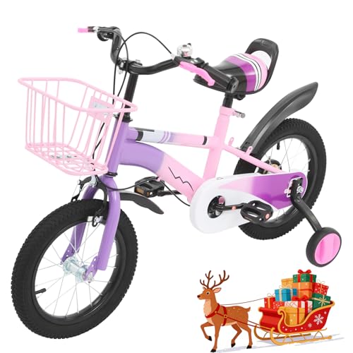 YUYUZI Bicicleta infantil de 14 pulgadas con ruedas estabilizadoras, segura para niñas de 3,5 a 6 años, doble freno y altura ajustable (morado)