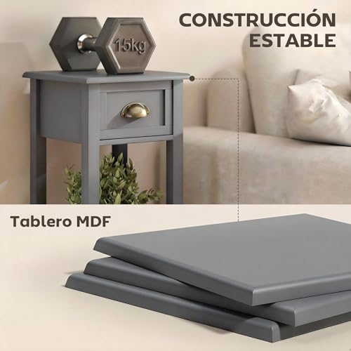 HOMCOM Mesa Auxiliar Moderno, Mesa Auxiliar para Sofá, con Cajón y Estante, Mesita de Noche para Salón, Dormitorio, 30x30x75 cm, Gris - imagen 6